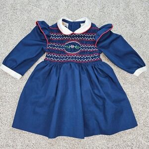 Vintage Disney Winnie the Pooh Smocked Dress 2T Navy Blue Long Sleeve Sears